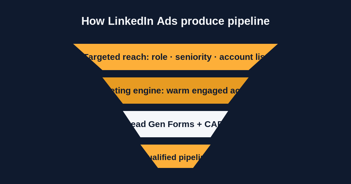 LinkedIn Ads funnel from targeted reach to retargeting to pipeline