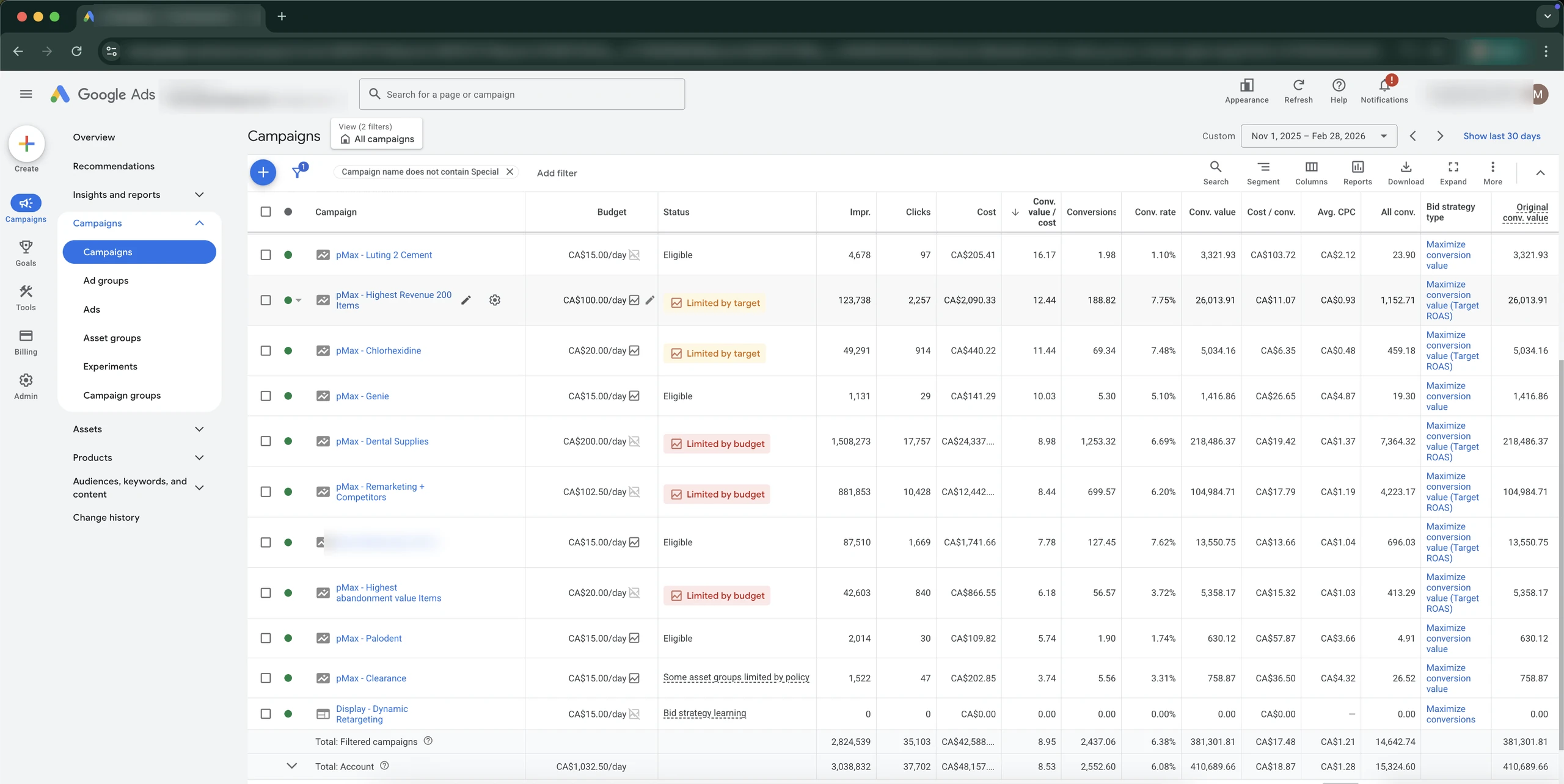 Google Ads — campaign structure — After: Nov 1, 2025 - Feb 28, 2026
